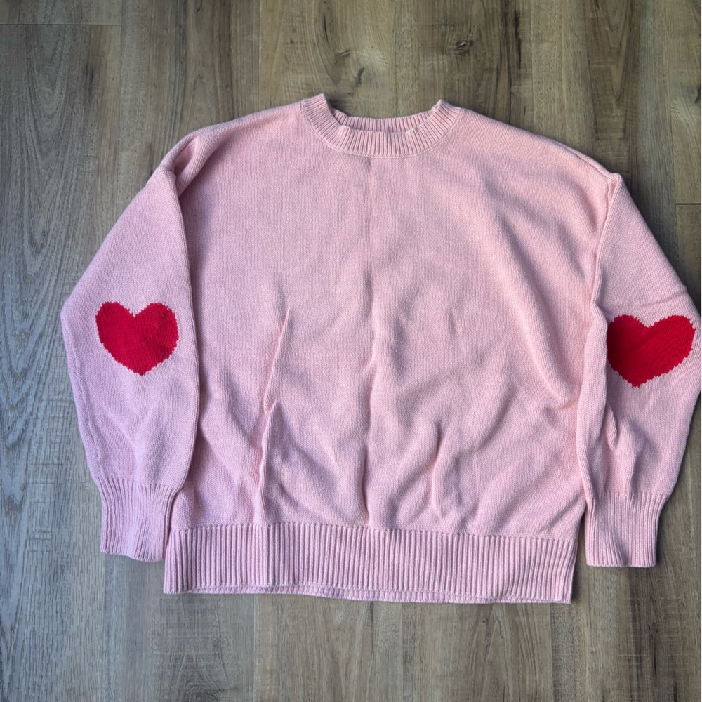 Joe Fresh Pink Sweater with Red Heart Elbow Patches